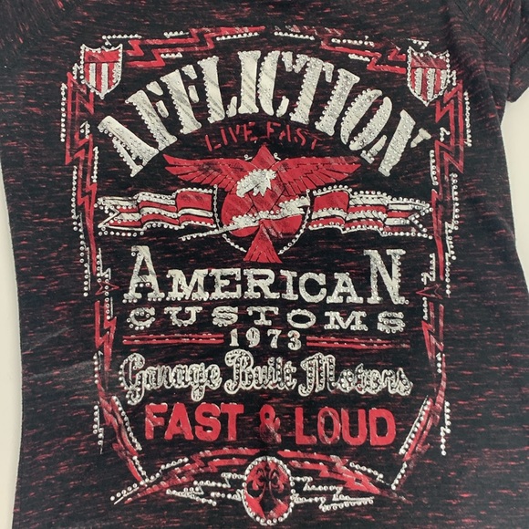 Affliction Sparkle Stud Tshirt top Size Small Black Maroon Silver Open Back - Picture 9 of 13